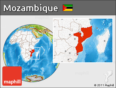 Physical Location Map of Mozambique, highlighted continent