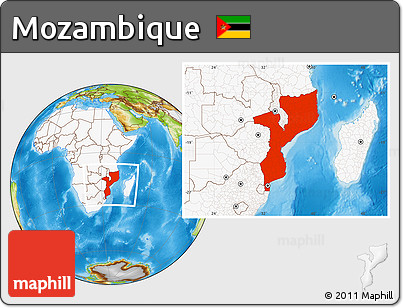 Physical Location Map of Mozambique, highlighted continent
