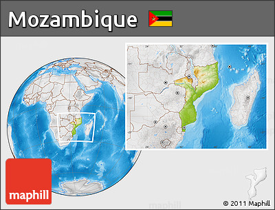 Physical Location Map of Mozambique, lighten, desaturated, land only