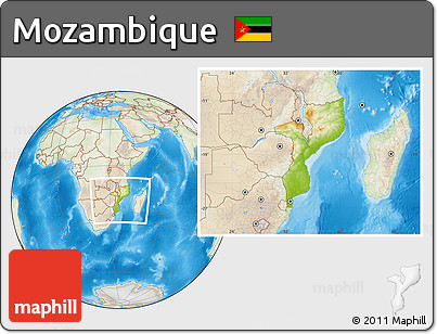 Physical Location Map of Mozambique, lighten, land only