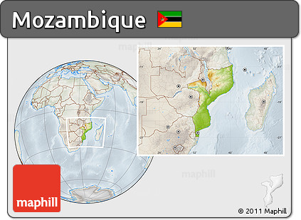 Physical Location Map of Mozambique, lighten, semi-desaturated