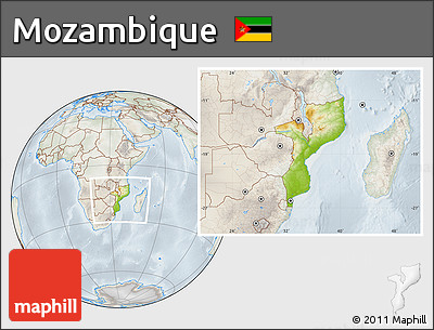 Physical Location Map of Mozambique, lighten, semi-desaturated