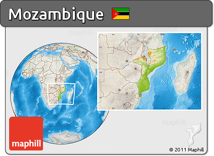 Physical Location Map of Mozambique, lighten, semi-desaturated, land only