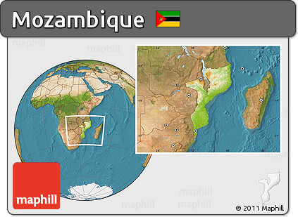 Physical Location Map of Mozambique, satellite outside