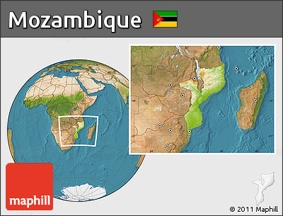 Physical Location Map of Mozambique, satellite outside