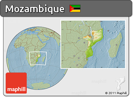 Physical Location Map of Mozambique, savanna style outside, hill shading