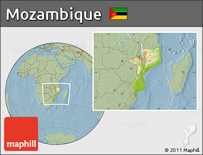 Physical Location Map of Mozambique, savanna style outside, hill shading