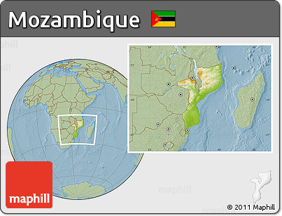 Physical Location Map of Mozambique, savanna style outside, hill shading
