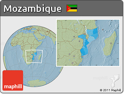 Political Location Map of Mozambique, savanna style outside, hill shading