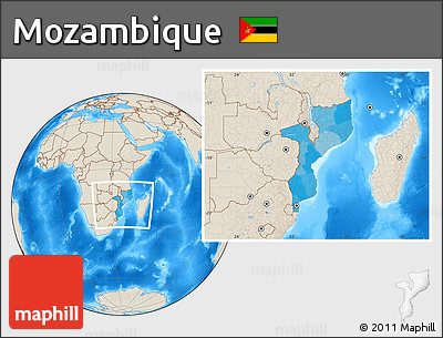 Political Location Map of Mozambique, shaded relief outside