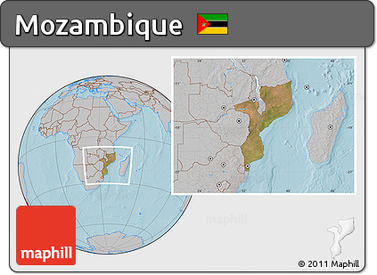 Satellite Location Map of Mozambique, gray outside, hill shading