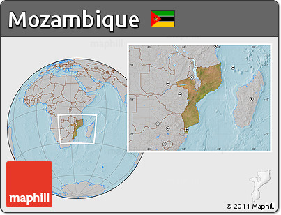 Satellite Location Map of Mozambique, gray outside, hill shading