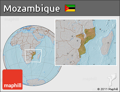 Satellite Location Map of Mozambique, gray outside, hill shading