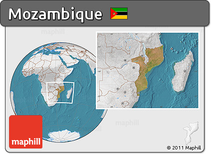 Satellite Location Map of Mozambique, lighten, desaturated, land only