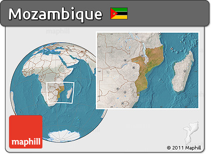 Satellite Location Map of Mozambique, lighten, semi-desaturated, land only