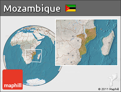 Satellite Location Map of Mozambique, lighten, semi-desaturated, land only