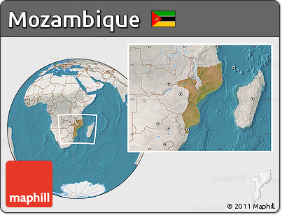 Satellite Location Map of Mozambique, lighten, semi-desaturated, land only