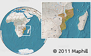 Satellite Location Map of Mozambique, lighten, semi-desaturated, land only