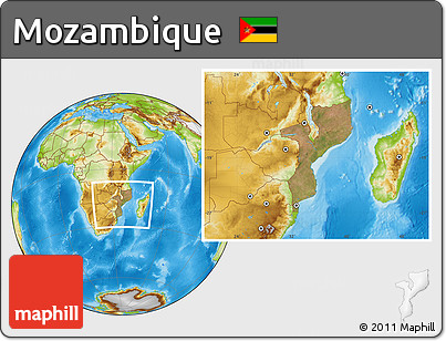 Satellite Location Map of Mozambique, physical outside