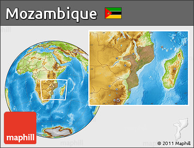 Satellite Location Map of Mozambique, physical outside