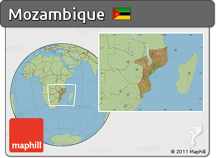 Satellite Location Map of Mozambique, savanna style outside
