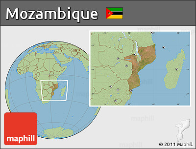 Satellite Location Map of Mozambique, savanna style outside
