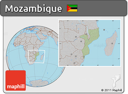 Savanna Style Location Map of Mozambique, gray outside, hill shading inside