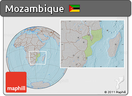 Savanna Style Location Map of Mozambique, gray outside, hill shading outside