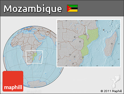 Savanna Style Location Map of Mozambique, gray outside, hill shading outside