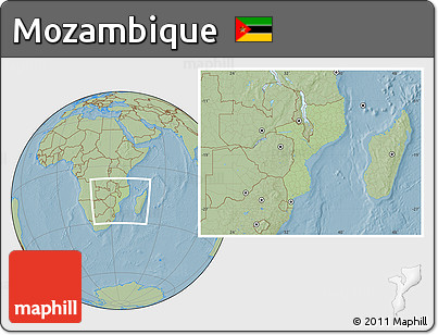 Savanna Style Location Map of Mozambique, hill shading outside