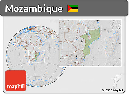 Savanna Style Location Map of Mozambique, lighten, desaturated, hill shading