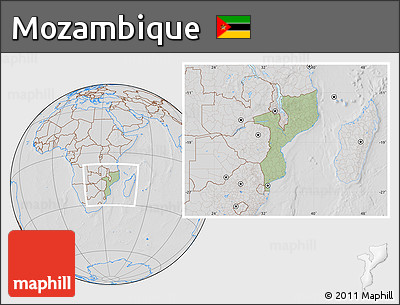 Savanna Style Location Map of Mozambique, lighten, desaturated, hill shading