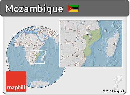 Savanna Style Location Map of Mozambique, lighten, desaturated, land only, hill shading