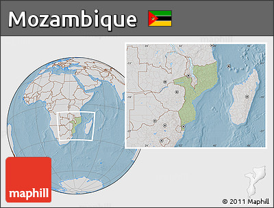 Savanna Style Location Map of Mozambique, lighten, desaturated, land only, hill shading