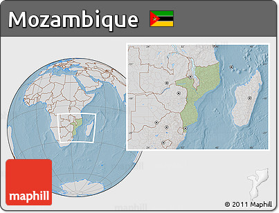 Savanna Style Location Map of Mozambique, lighten, desaturated, land only, hill shading