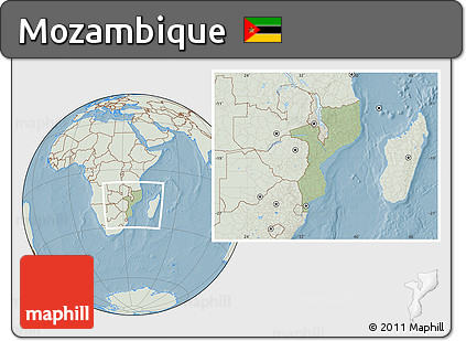 Savanna Style Location Map of Mozambique, lighten, land only, hill shading