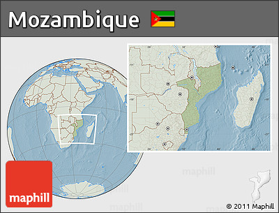 Savanna Style Location Map of Mozambique, lighten, land only, hill shading