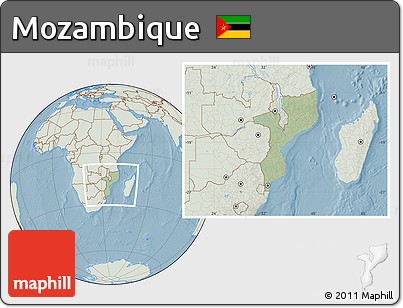 Savanna Style Location Map of Mozambique, lighten, land only, hill shading