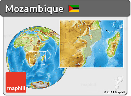 Savanna Style Location Map of Mozambique, physical outside, hill shading