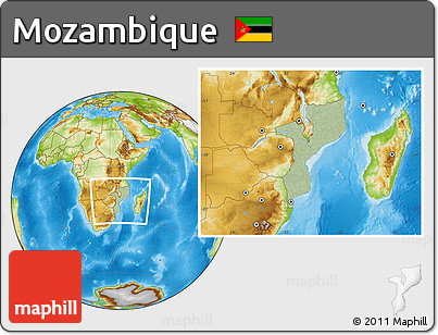 Savanna Style Location Map of Mozambique, physical outside, hill shading