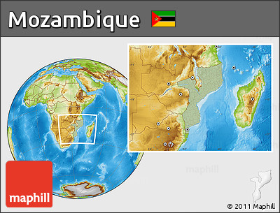 Savanna Style Location Map of Mozambique, physical outside, hill shading