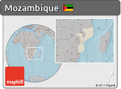 Shaded Relief Location Map of Mozambique, gray outside, hill shading