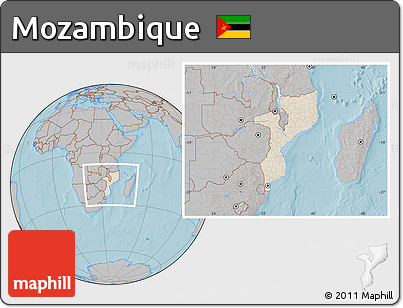 Shaded Relief Location Map of Mozambique, gray outside, hill shading