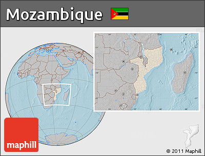 Shaded Relief Location Map of Mozambique, gray outside, hill shading
