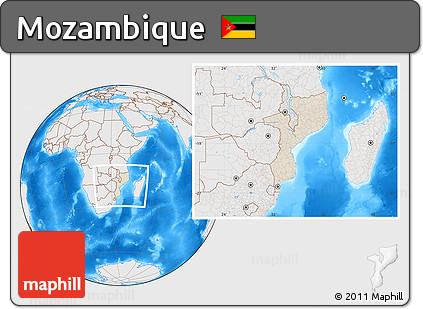 Shaded Relief Location Map of Mozambique, lighten, desaturated, land only