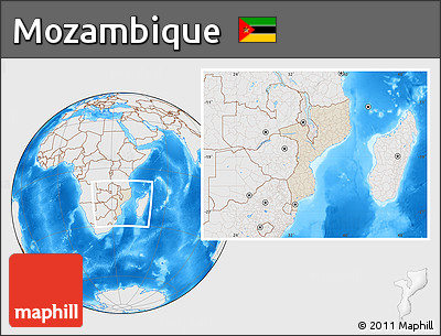 Shaded Relief Location Map of Mozambique, lighten, desaturated, land only