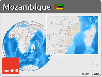 Shaded Relief Location Map of Mozambique, lighten, desaturated, land only