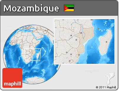 Shaded Relief Location Map of Mozambique, lighten, land only