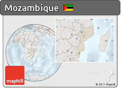 Shaded Relief Location Map of Mozambique, lighten, semi-desaturated