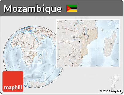 Shaded Relief Location Map of Mozambique, lighten, semi-desaturated